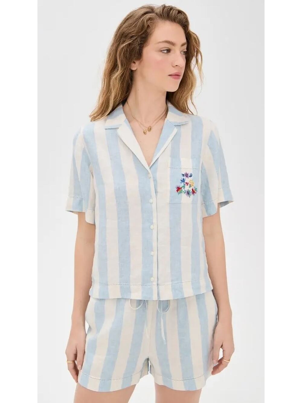 Birds of Paradis Nico Shirt Blue White Stripe Boxy Button Up Trovata NWT XS